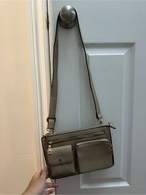 Poppy & Peonies Taupe Pebbled Leather Messenger Bag with Front Pockets